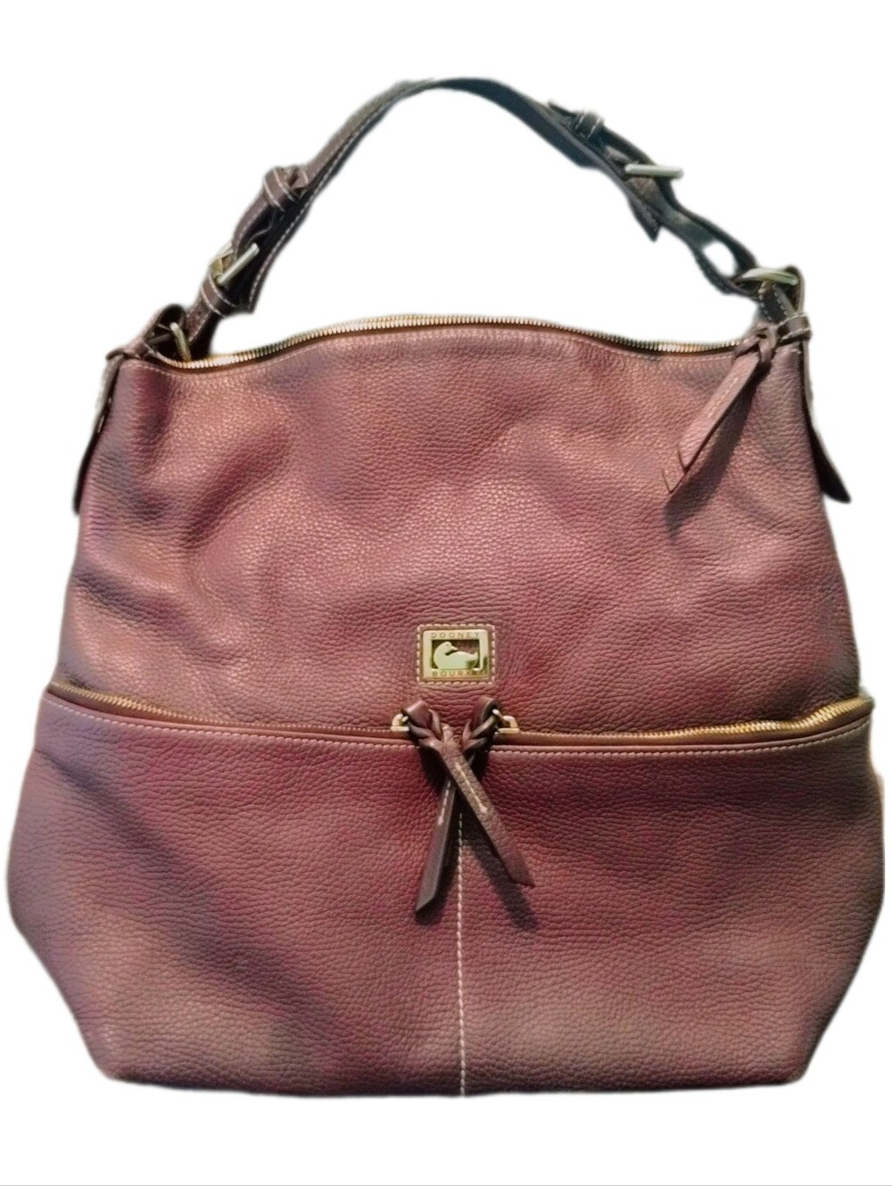 Dooney & Bourke Burgundy Pebbled Leather Shoulder Bag, Brown Strap, Gold Zippers